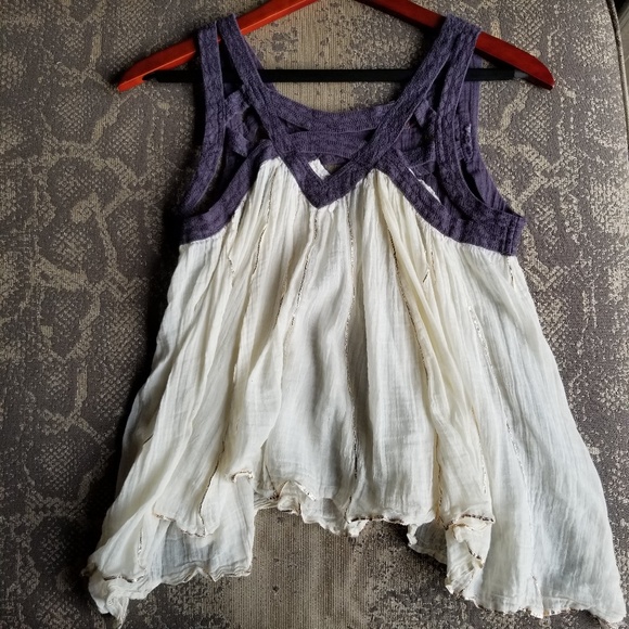 Free People Flowy Cream Blue Strappy Blouse Sheer - Picture 2 of 3